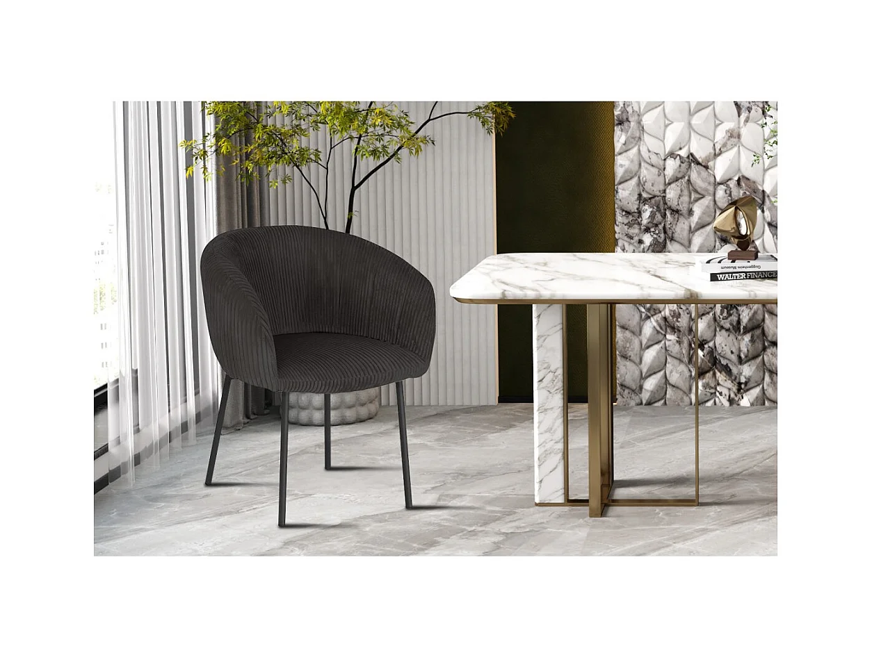 Cadeira de sala de jantar SEVILLE – Veludo cotelê cinza – Com braços – Pés de metal preto – Estilo design / industrial