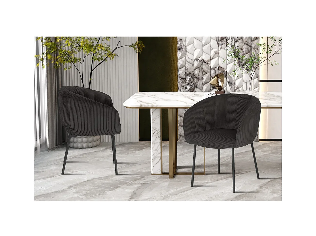 Cadeira de sala de jantar SEVILLE – Veludo cotelê cinza – Com braços – Pés de metal preto – Estilo design / industrial