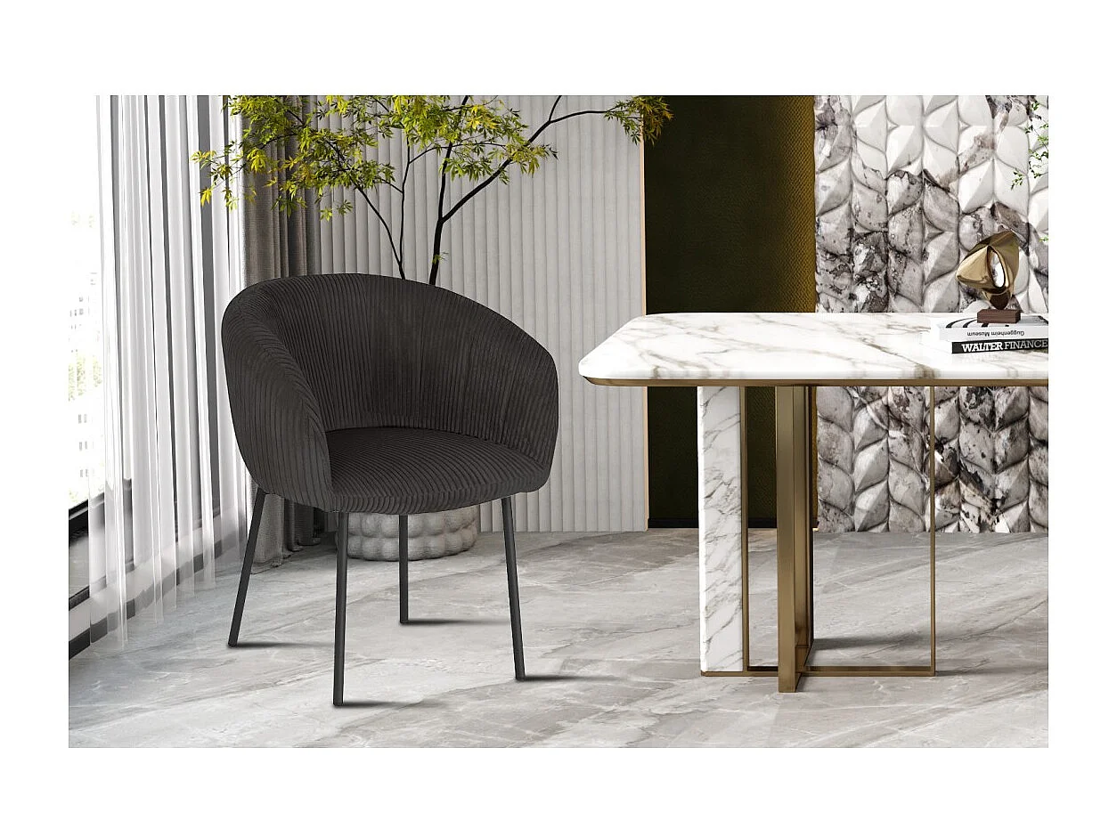 Chaise de salle à manger SEVILLE – Velours côtelé gris – Accoudoirs – Pieds en métal noir – Style design / industriel