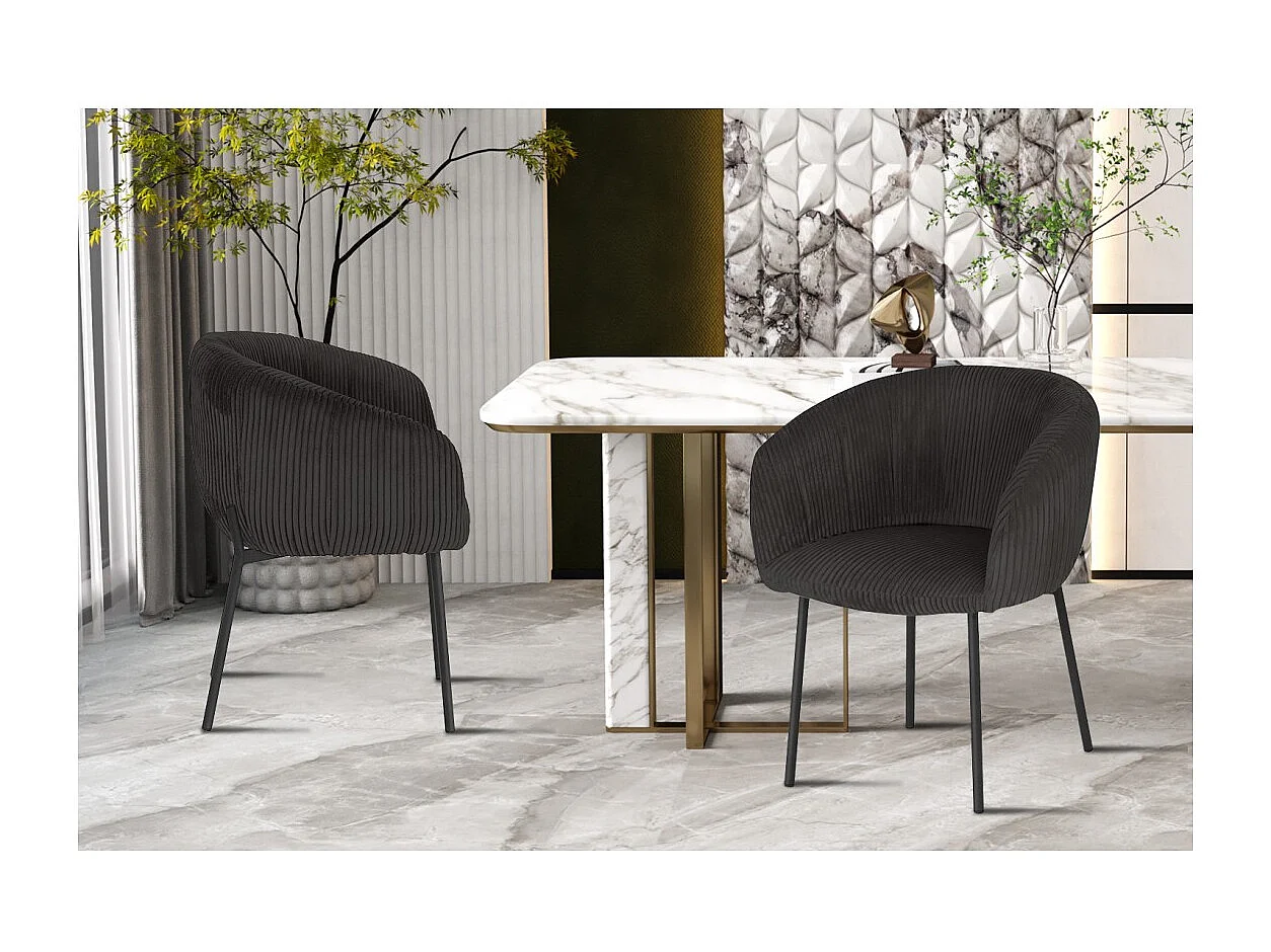 Chaise de salle à manger SEVILLE – Velours côtelé gris – Accoudoirs – Pieds en métal noir – Style design / industriel