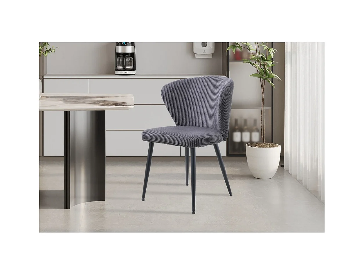 Chaise de salle à manger TORONTO – Velours côtelé gris – Pieds en métal noir – Style design