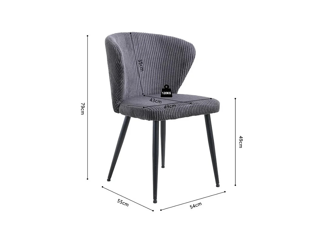 Chaise de salle à manger TORONTO – Velours côtelé gris – Pieds en métal noir – Style design