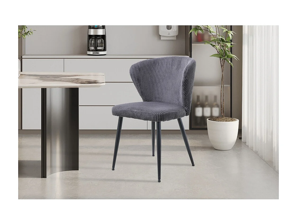 Eetkamerstoel TORONTO – Geribbeld fluweel grijs – Zwarte metalen poten – Design stijl