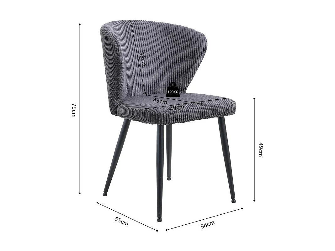 Eetkamerstoel TORONTO – Geribbeld fluweel grijs – Zwarte metalen poten – Design stijl