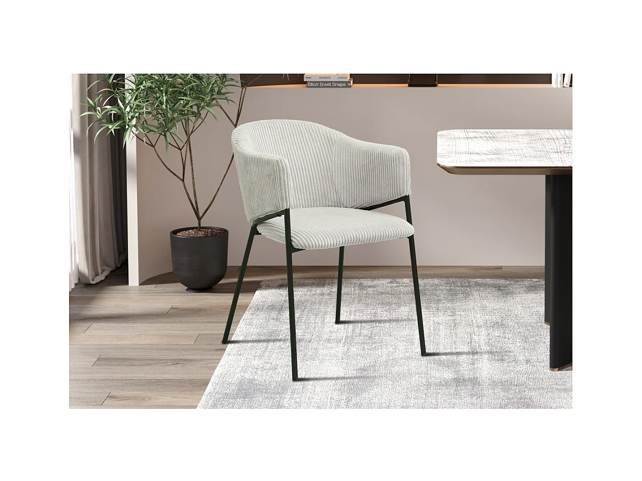 Cadeira de jantar IMANY – Veludo cotelê cinza claro – Braços – Pés de metal preto – Estilo design / industrial