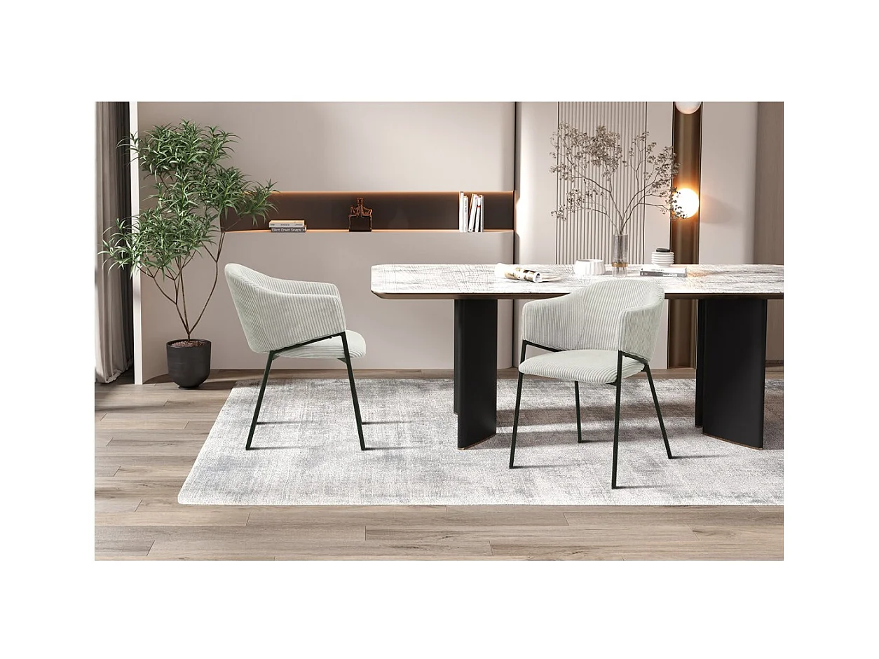 Cadeira de jantar IMANY – Veludo cotelê cinza claro – Braços – Pés de metal preto – Estilo design / industrial