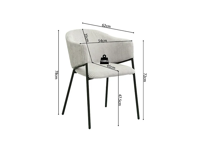 Cadeira de jantar IMANY – Veludo cotelê cinza claro – Braços – Pés de metal preto – Estilo design / industrial