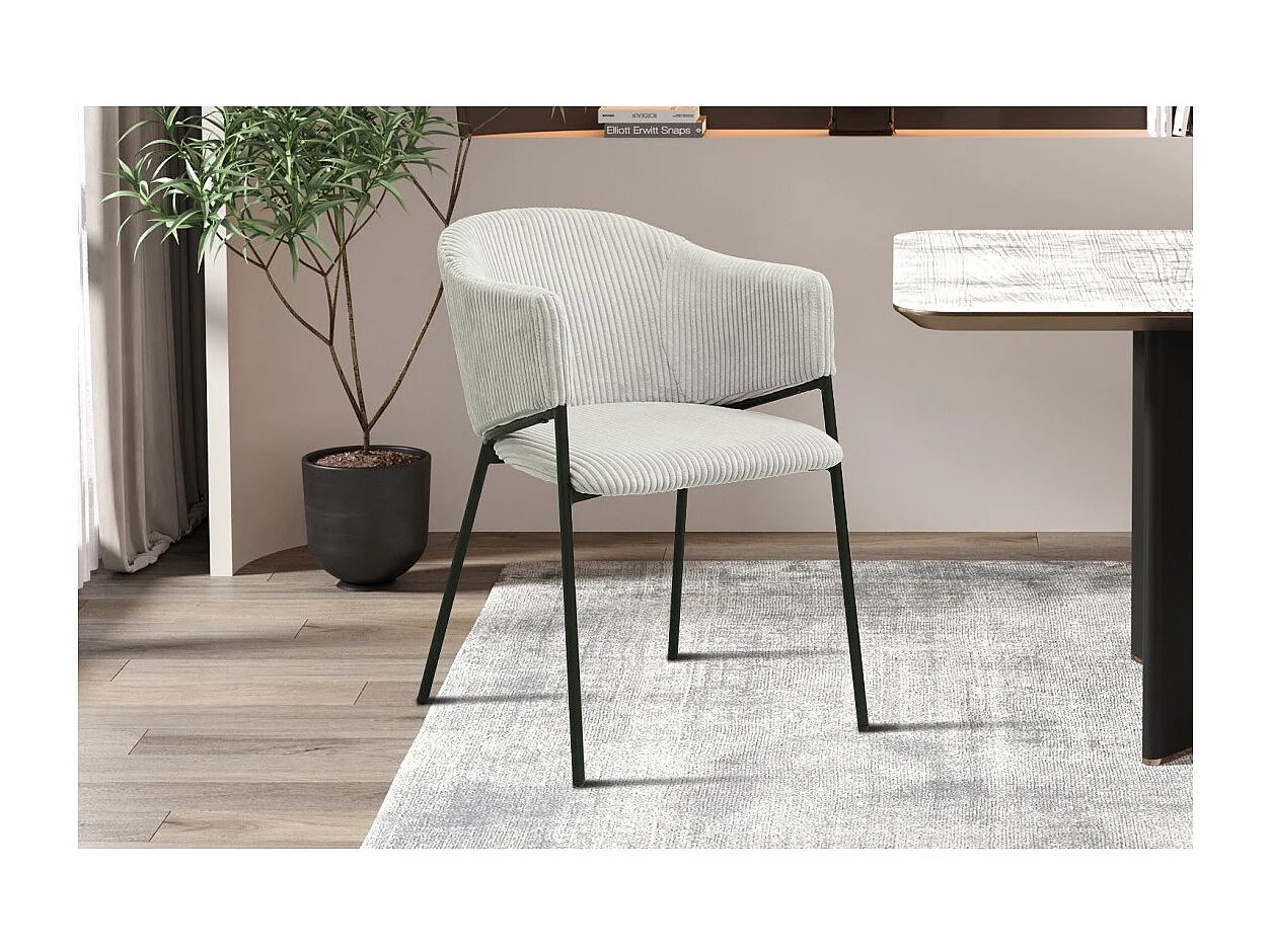 Cadeira de jantar IMANY – Veludo cotelê cinza claro – Braços – Pés de metal preto – Estilo design / industrial