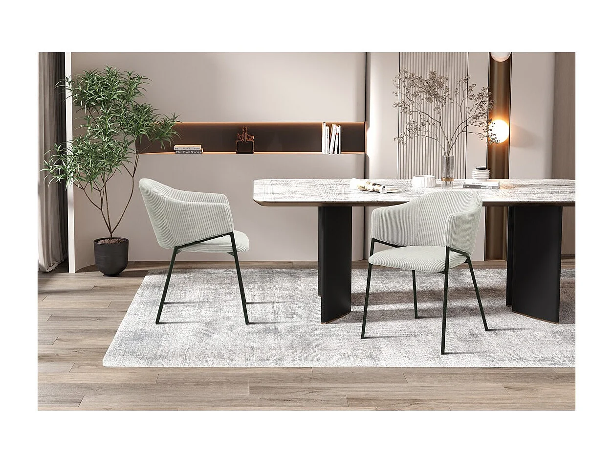 Cadeira de jantar IMANY – Veludo cotelê cinza claro – Braços – Pés de metal preto – Estilo design / industrial