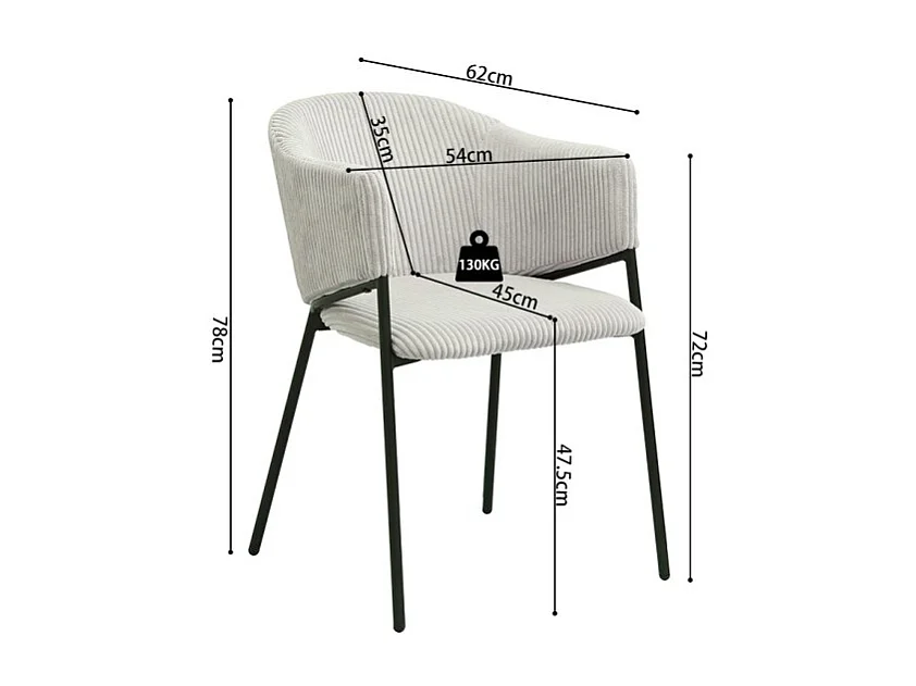 Cadeira de jantar IMANY – Veludo cotelê cinza claro – Braços – Pés de metal preto – Estilo design / industrial