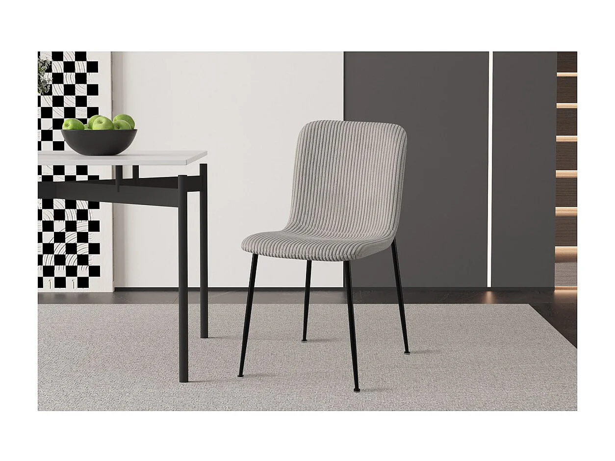 Eetkamerstoel CORDUROY – Ribfluweel lichtgrijs – Zwarte metalen poten – Design stijl