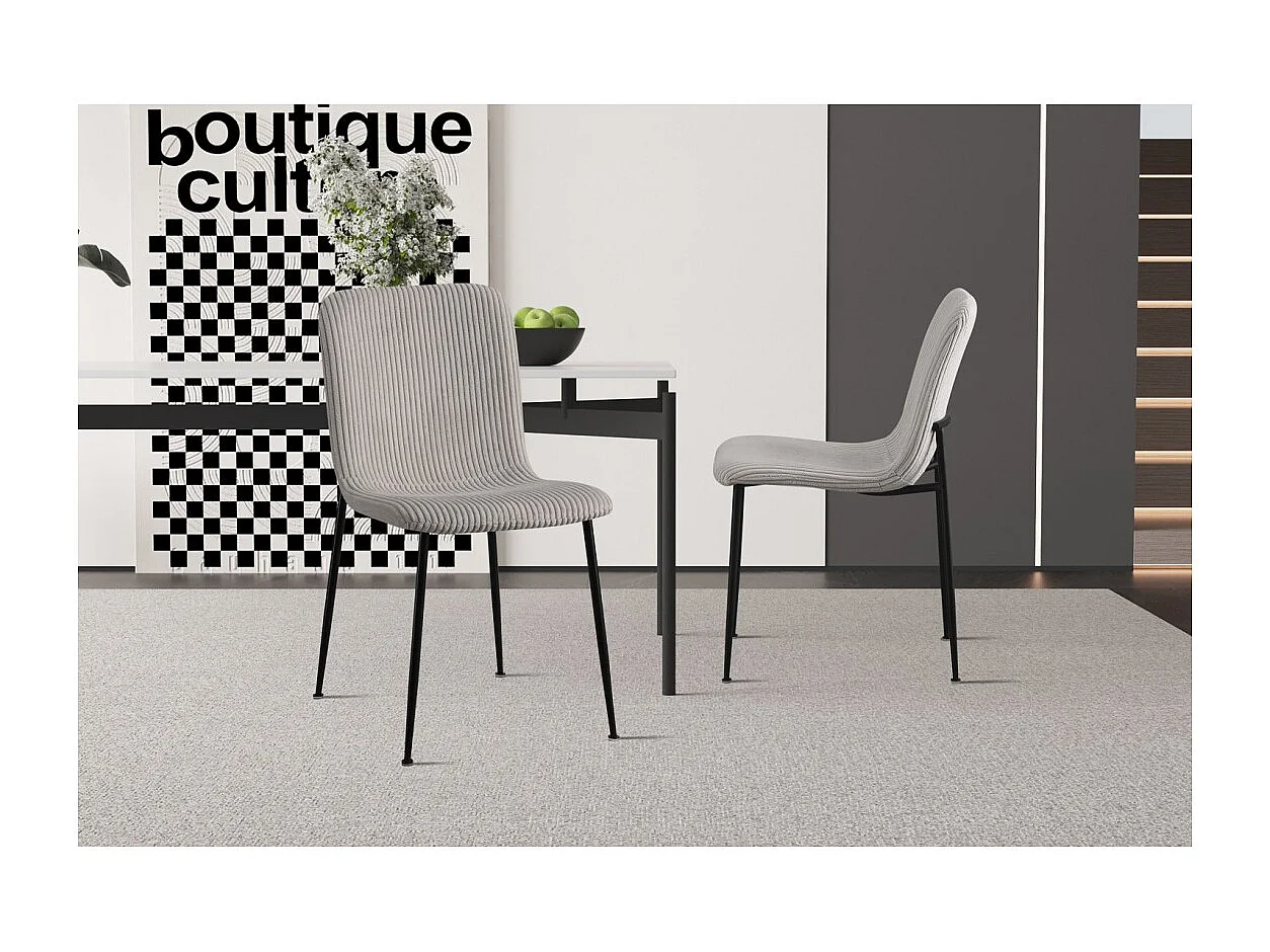 Eetkamerstoel CORDUROY – Ribfluweel lichtgrijs – Zwarte metalen poten – Design stijl