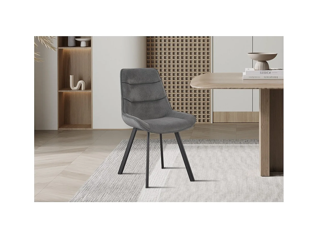 Cadeira de jantar LOLA – Veludo cotelê cinza – Pés de metal preto – Estilo design / industrial