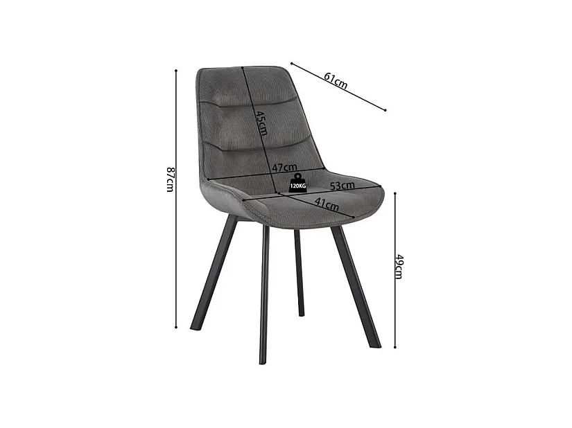 Cadeira de jantar LOLA – Veludo cotelê cinza – Pés de metal preto – Estilo design / industrial