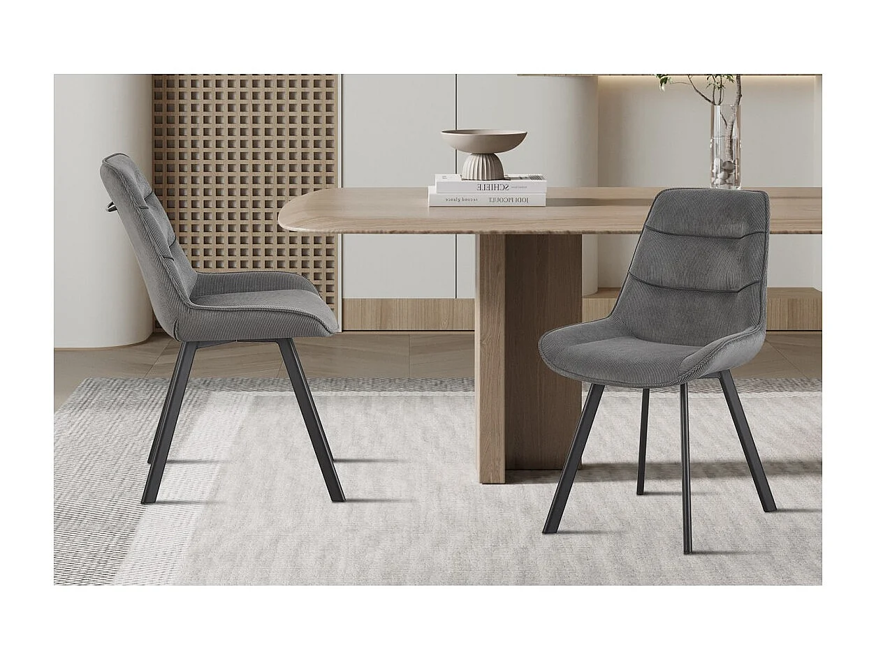 Cadeira de jantar LOLA – Veludo cotelê cinza – Pés de metal preto – Estilo design / industrial