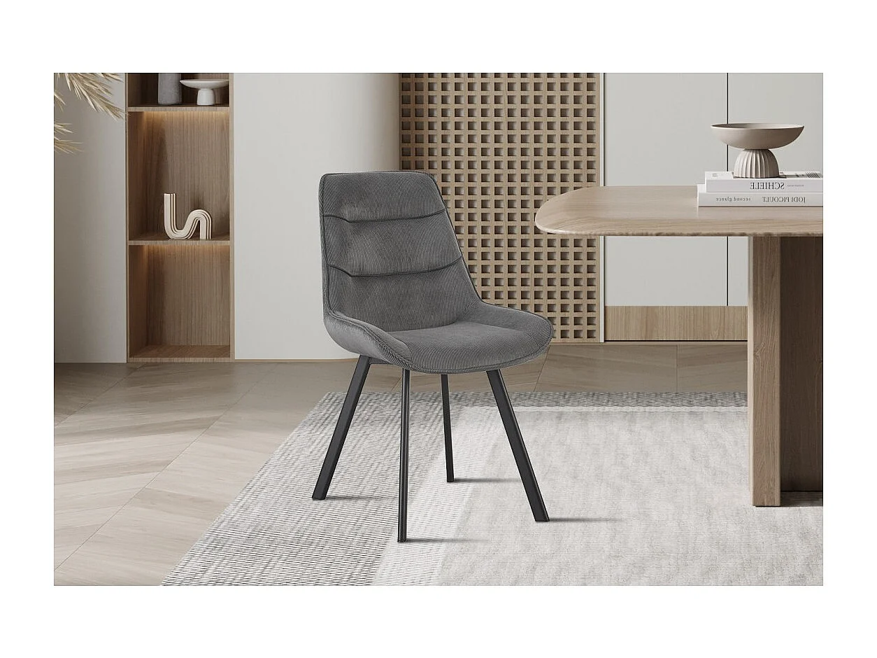 Chaise de salle à manger LOLA – Velours côtelé gris – Pieds en métal noir – Style design / industriel