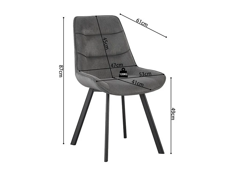 Chaise de salle à manger LOLA – Velours côtelé gris – Pieds en métal noir – Style design / industriel