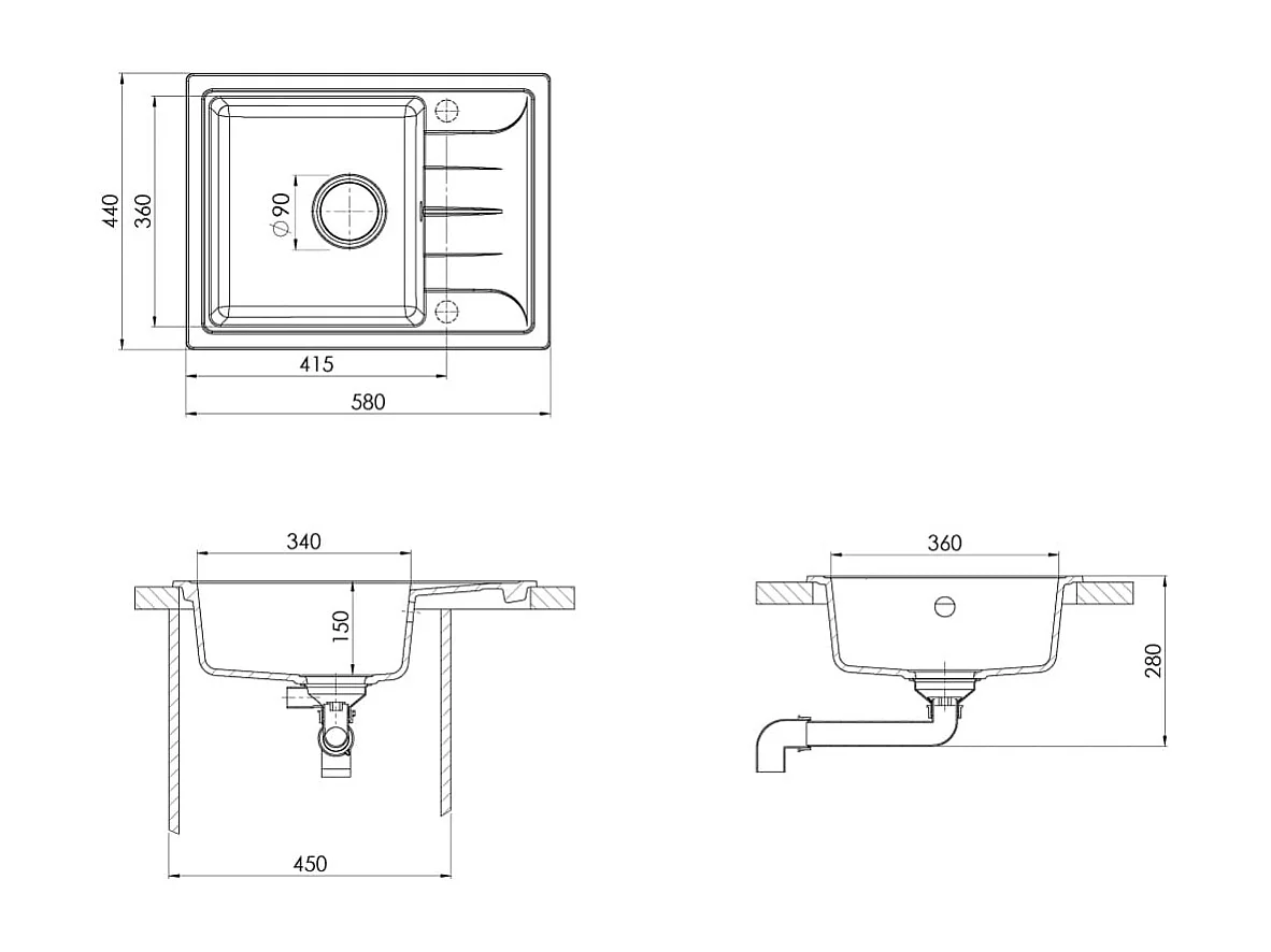 Fregadero de cocina con rebosadero 58x44 cm granito gris 02_0002422