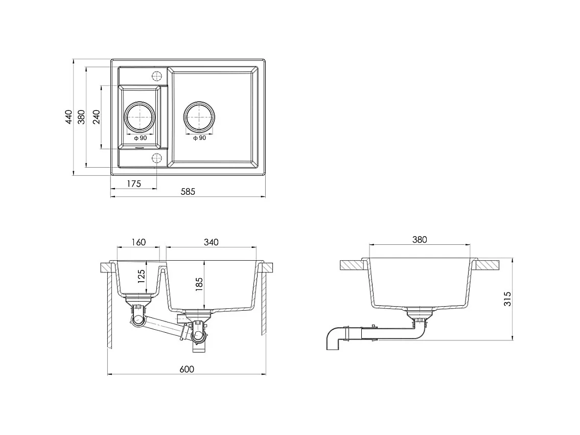 Pia de cozinha e dois lavatórios com furo transbordante 58 x 44 cm granito preto 02_0002405