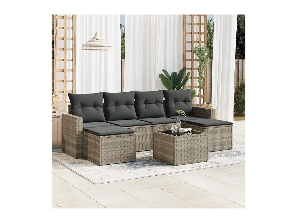 Salon de jardin avec coussins 7 pcs gris clair résine tressée
