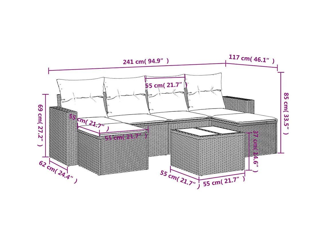 Salon de jardin avec coussins 7 pcs gris clair résine tressée