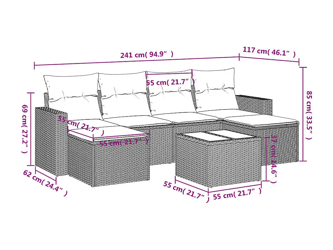 Salon de jardin avec coussins 7 pcs gris clair résine tressée