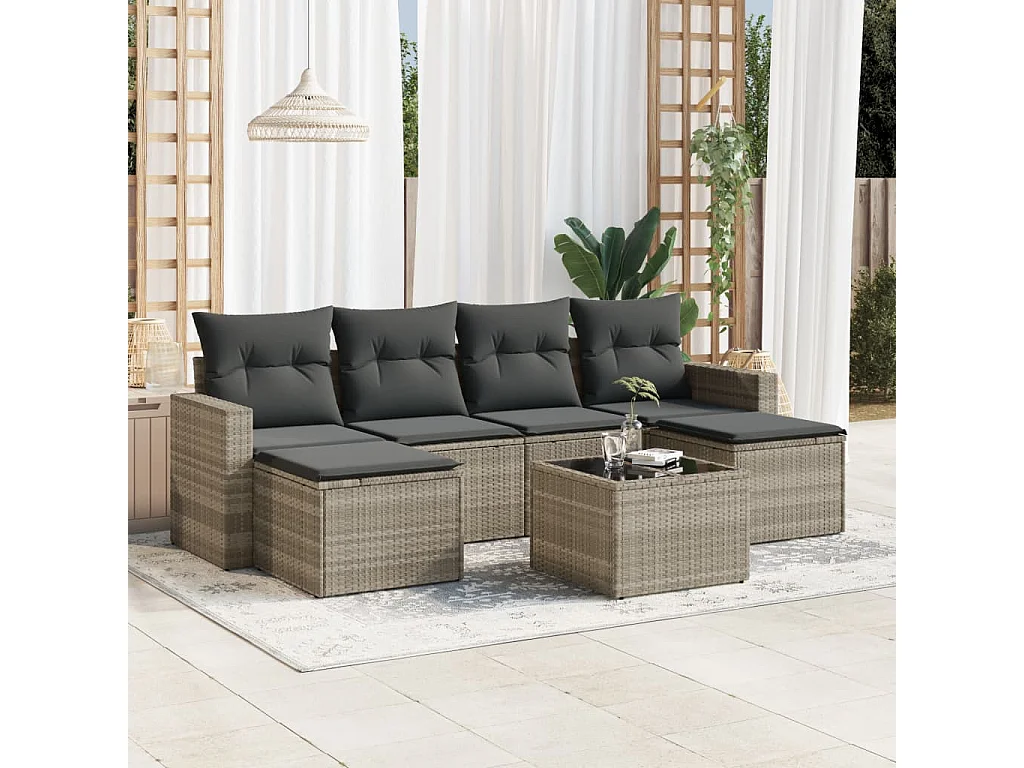 Salon de jardin avec coussins 7 pcs gris clair résine tressée