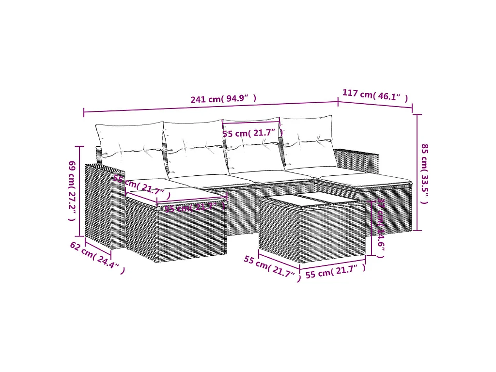 Salon de jardin avec coussins 7 pcs gris clair résine tressée