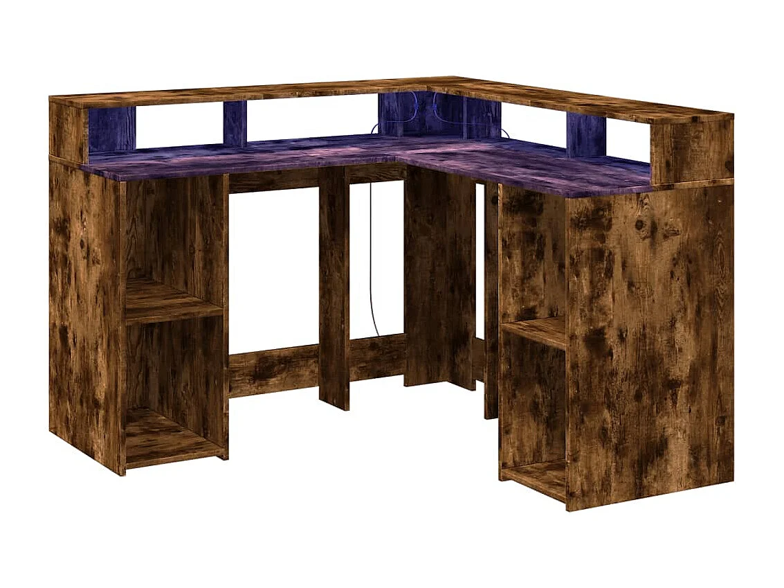 Mesa de trabalho estação de trabalho móveis de computador estudo e luzes LED carvalho fumê 130 x 130 x 91cm madeira engenharia marrom 02_0023783