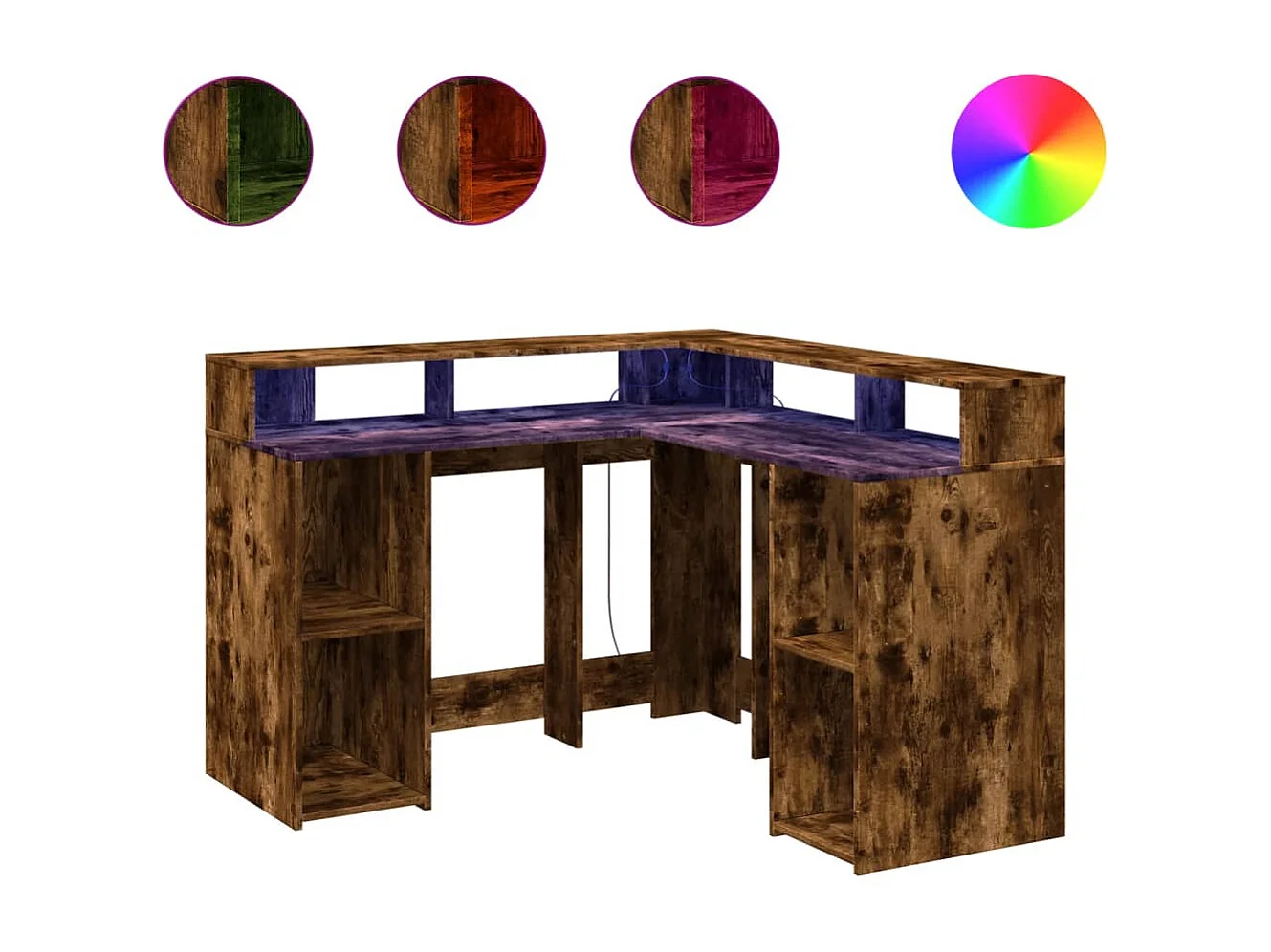 Mesa de trabalho estação de trabalho móveis de computador estudo e luzes LED carvalho fumê 130 x 130 x 91cm madeira engenharia marrom 02_0023783