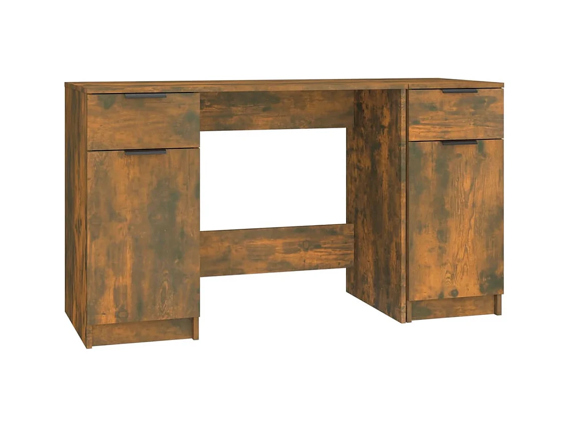 Scrivania, tavolo, postazione di lavoro, mobile per computer, studio con armadietto laterale, pannelli in MDF rovere affumicato marrone 02_0023392