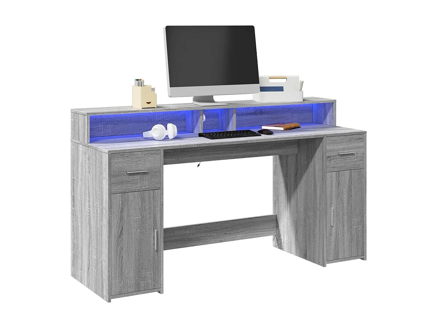 Mesa de trabalho móveis para computador escritório computador iluminação LED Sonoma 160 x 55 x 91 cm madeira projetada cinza 02_0023809