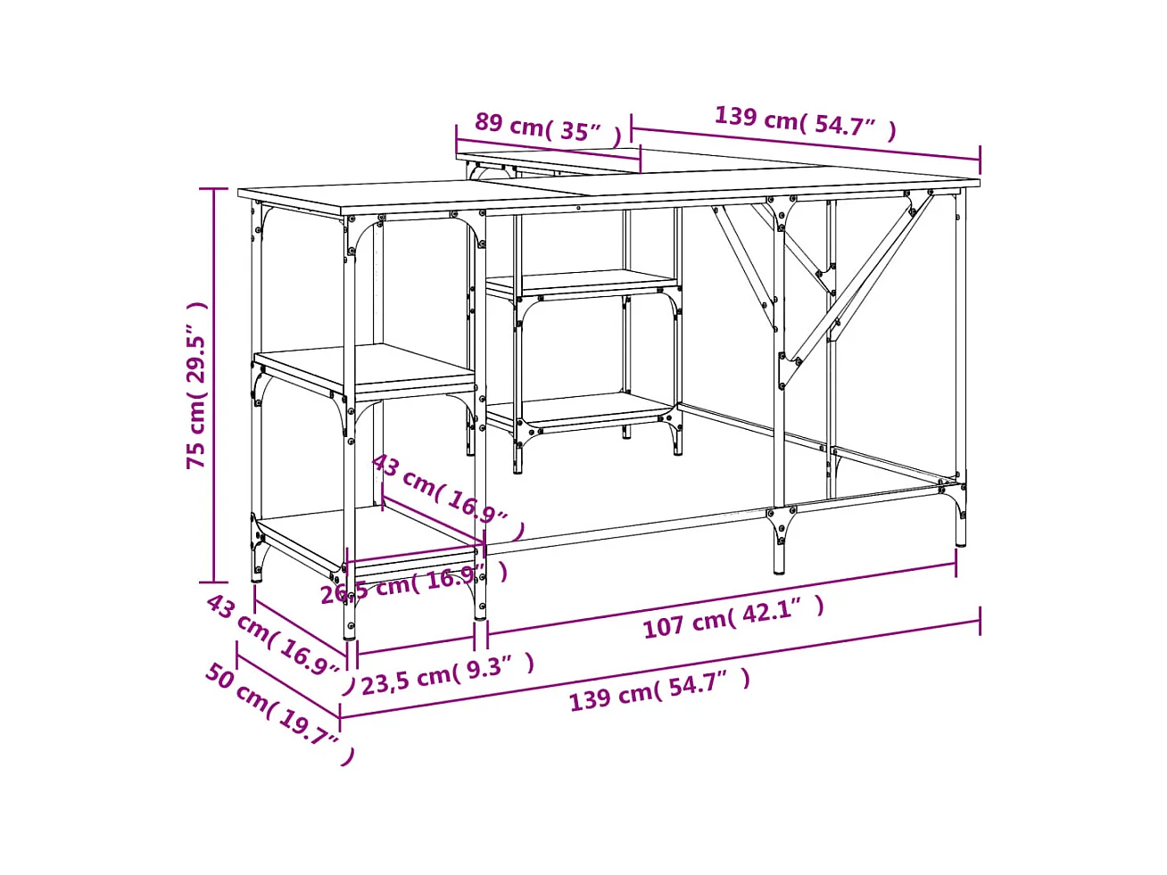 Scrivania tavolo postazione di lavoro mobile per computer studio IT rovere affumicato 139 x 139 x 75 cm derivati ​​del legno marrone 02_0023574