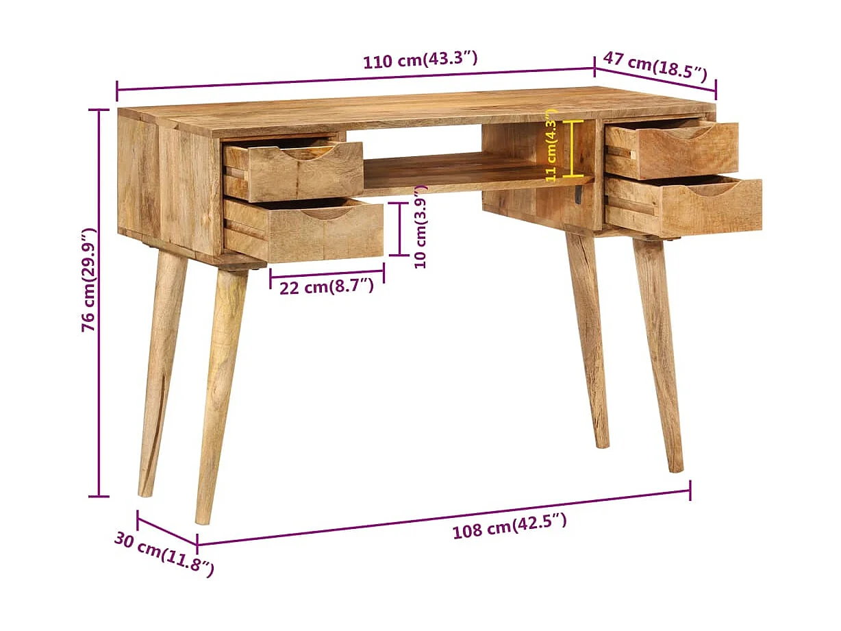 Mesa escritorio puesto de trabajo mueble ordenador estudio con cajones 110 x 47 x 76 cm madera maciza de mango marrón 02_0023462