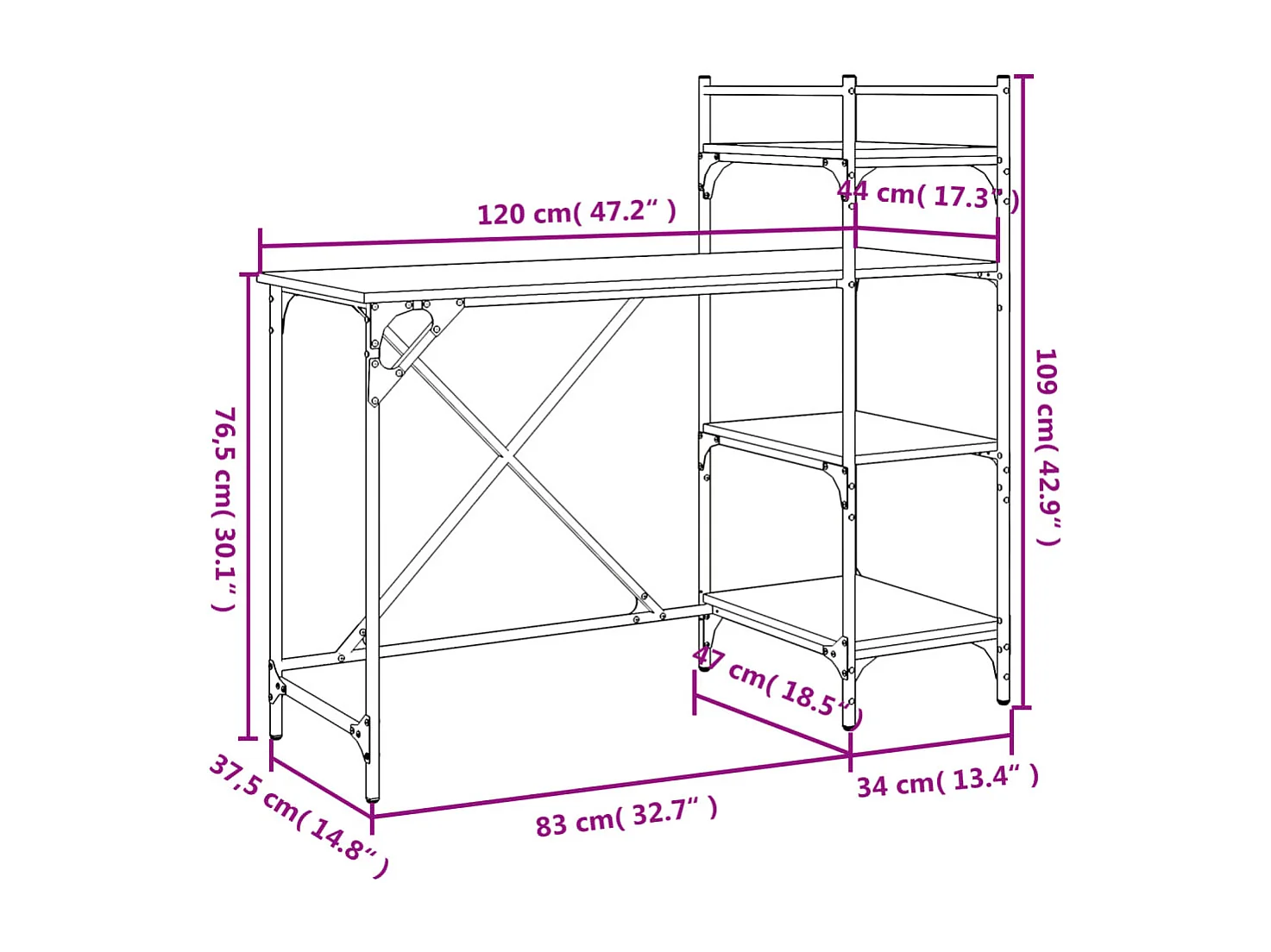 Scrivania tavolo postazione di lavoro mobile per computer studio con ripiani rovere affumicato 120 x 47 x 109 cm marrone 02_0023704