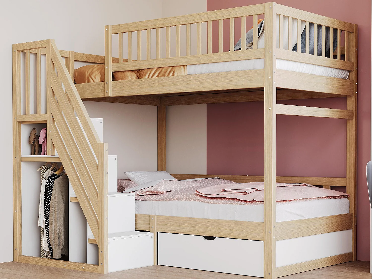 Lit superposé 90x200cm - avec échelle de sécurité - avec 1 tiroir - avec sommier à lattes - naturel (sans matelas)