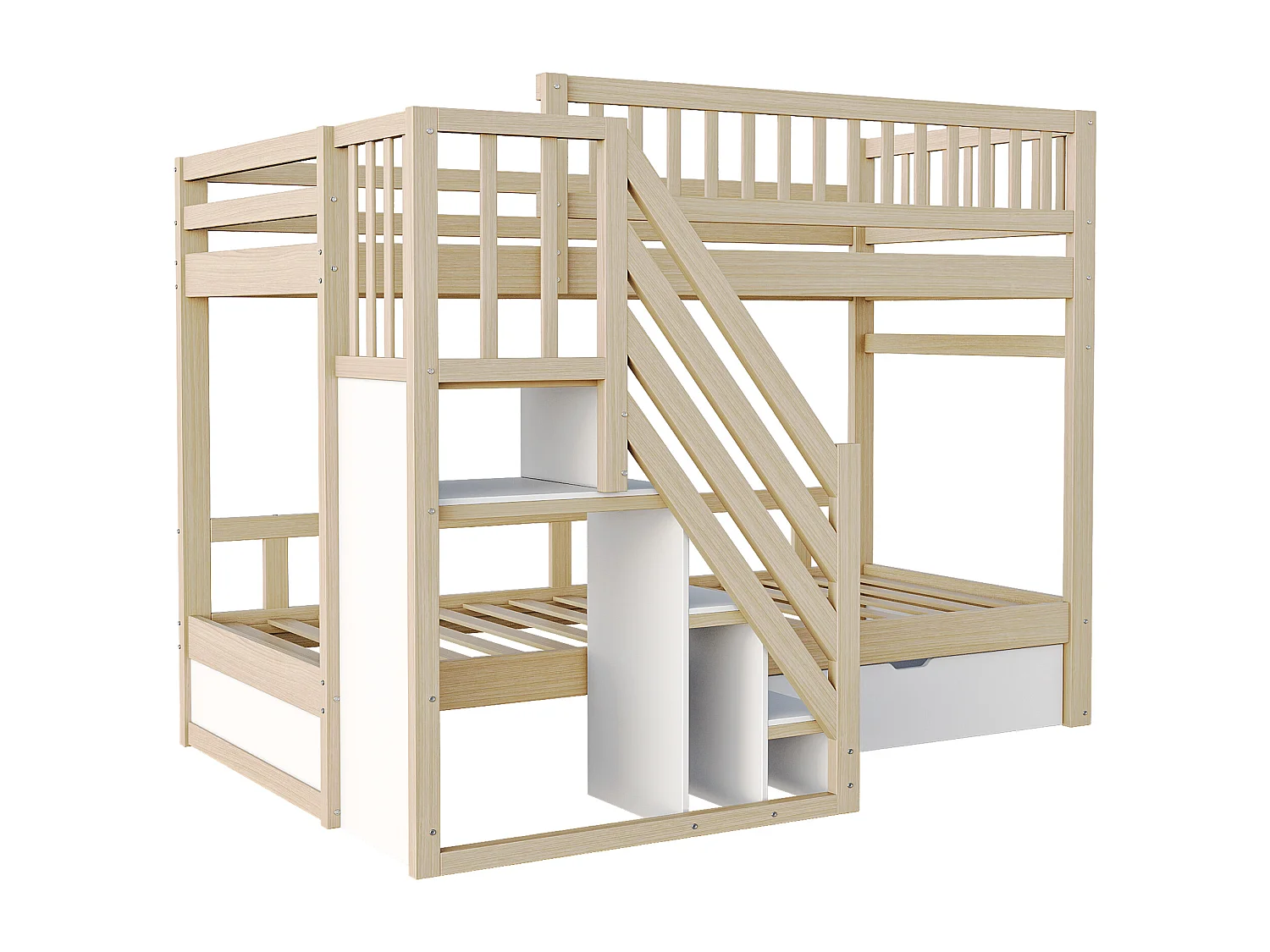 Lit superposé 90x200cm - avec échelle de sécurité - avec 1 tiroir - avec sommier à lattes - naturel (sans matelas)