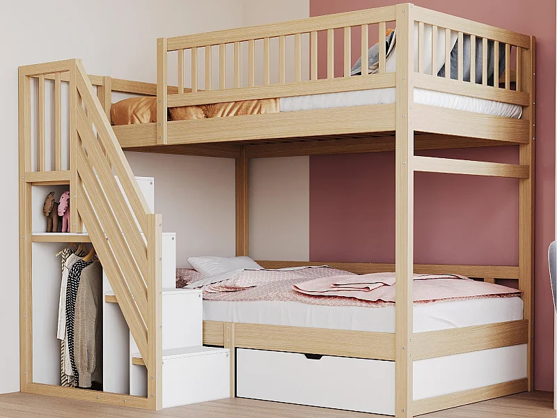 Lit superposé 90x200cm - avec échelle de sécurité - avec 1 tiroir - avec sommier à lattes - naturel (sans matelas)