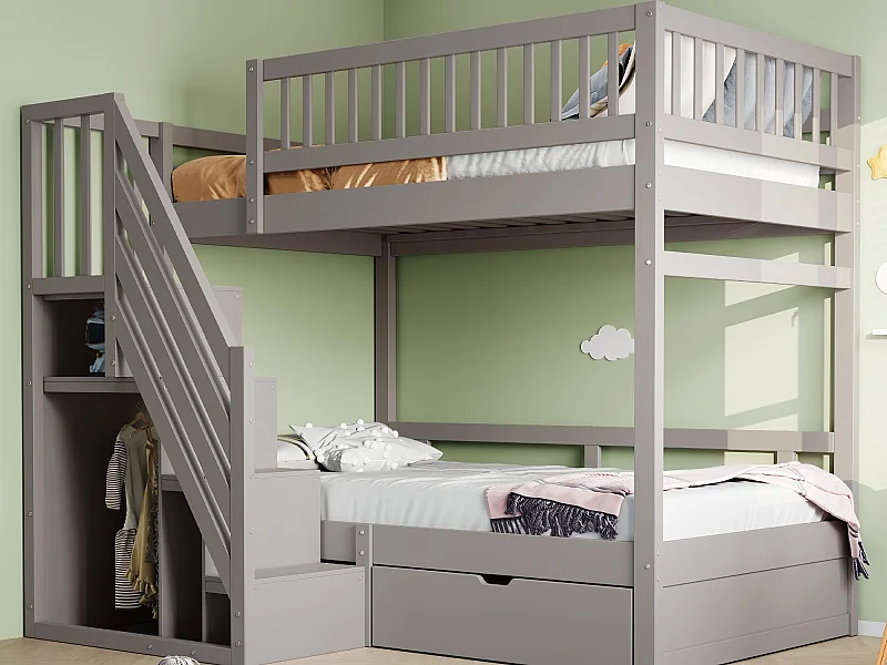 Lit superposé 90x200cm - avec échelle de sécurité - avec 1 tiroir - avec sommier à lattes - gris (sans matelas)
