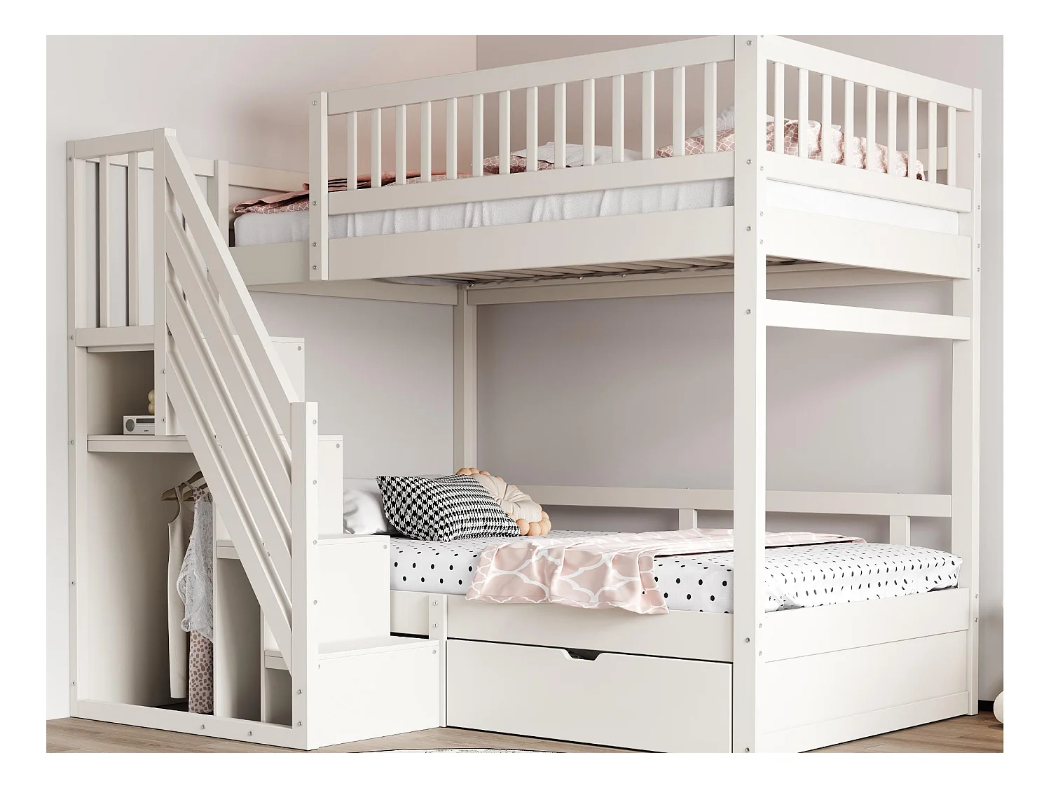 Lit superposé 90x200cm - avec échelle de sécurité - avec 1 tiroir - avec sommier à lattes - blanc (sans matelas)