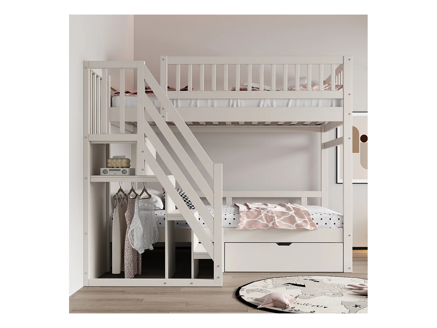 Lit superposé 90x200cm - avec échelle de sécurité - avec 1 tiroir - avec sommier à lattes - blanc (sans matelas)