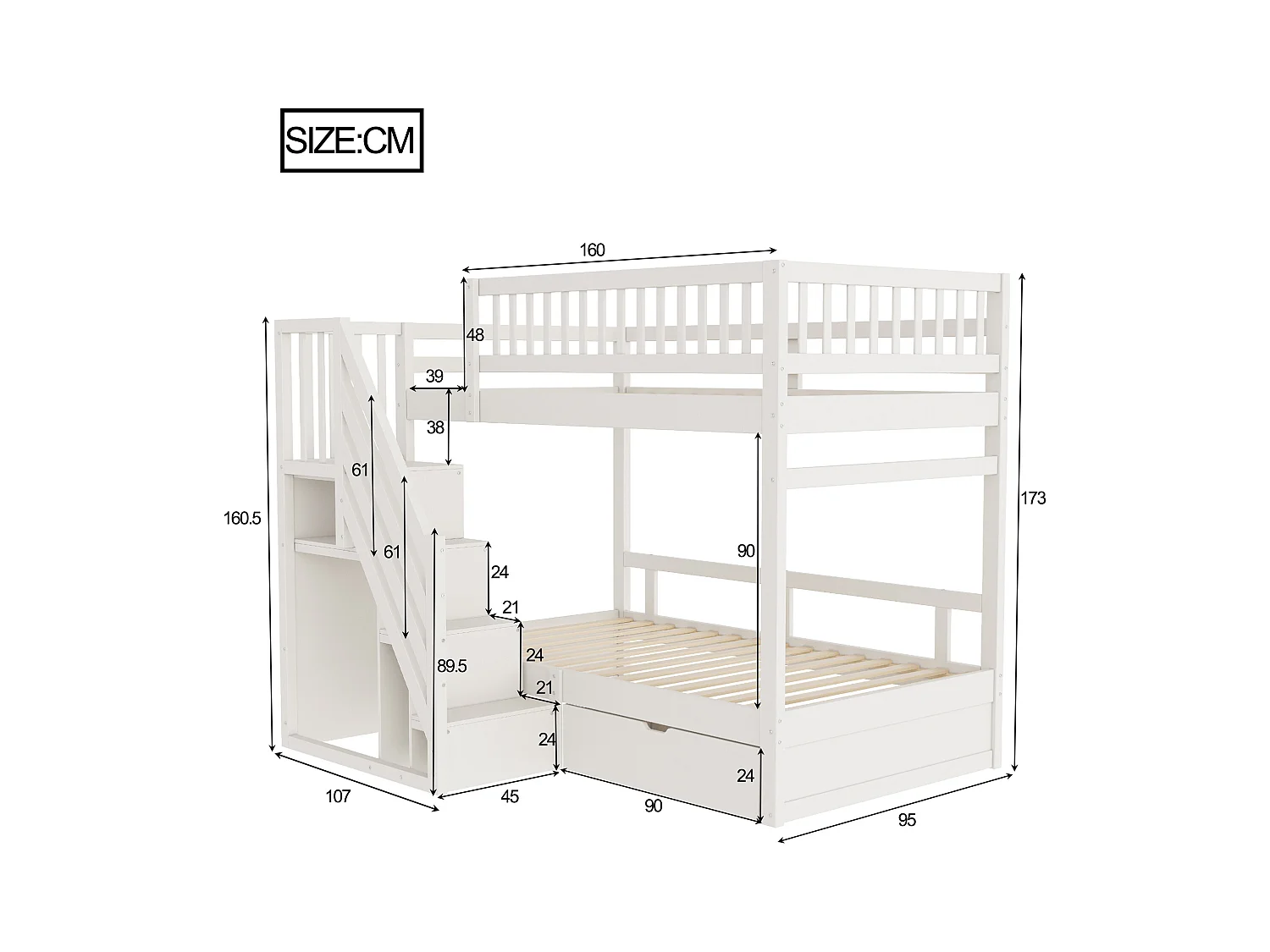 Lit superposé 90x200cm - avec échelle de sécurité - avec 1 tiroir - avec sommier à lattes - blanc (sans matelas)