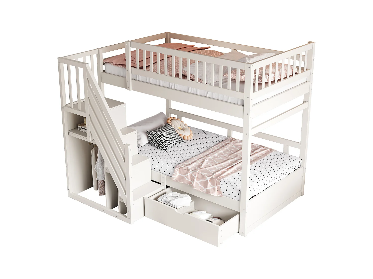 Lit superposé 90x200cm - avec échelle de sécurité - avec 1 tiroir - avec sommier à lattes - blanc (sans matelas)