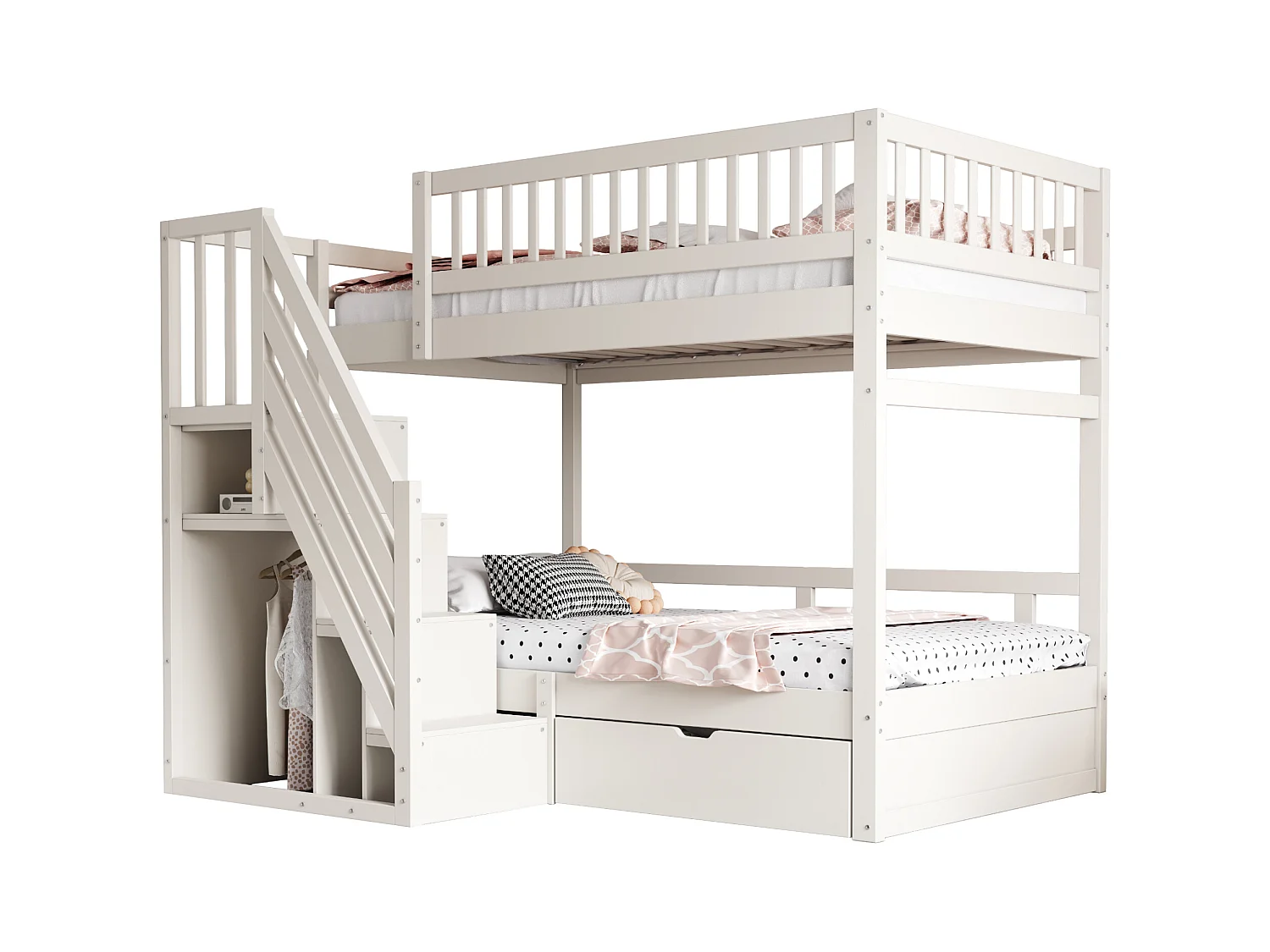 Lit superposé 90x200cm - avec échelle de sécurité - avec 1 tiroir - avec sommier à lattes - blanc (sans matelas)