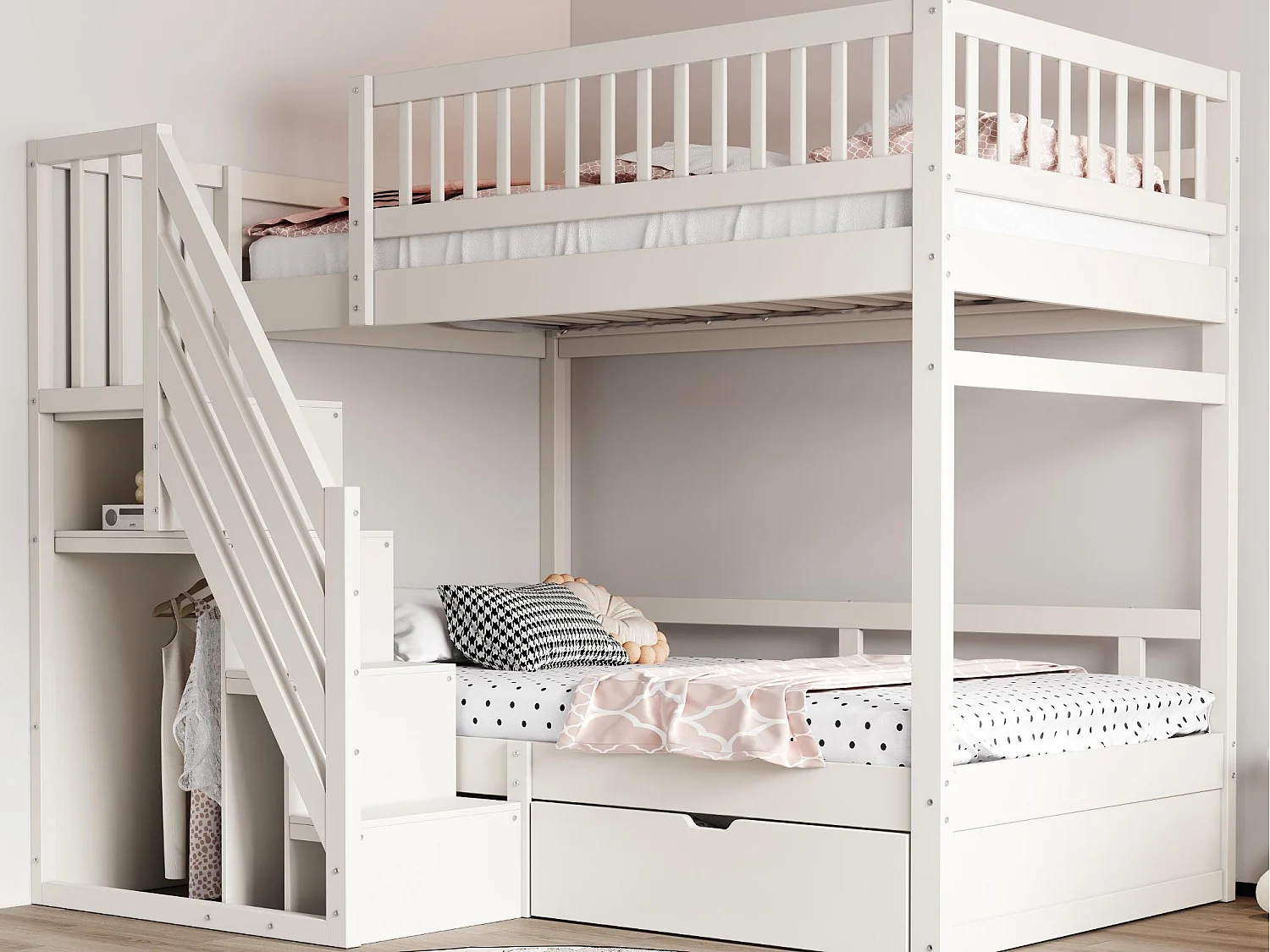 Lit superposé 90x200cm - avec échelle de sécurité - avec 1 tiroir - avec sommier à lattes - blanc (sans matelas)