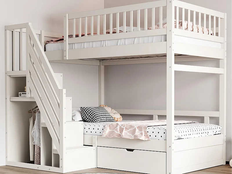 Etagenbett 90x200cm - mit Sicherheitsleiter - mit 1 Schublade - mit Lattenrost - Weiß (ohne Matratze)