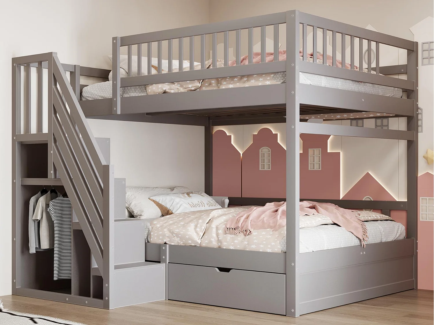 Cama beliche 140x200cm - com escada de segurança - com 1 gaveta - com estrado de ripas - cinza (sem colchão)