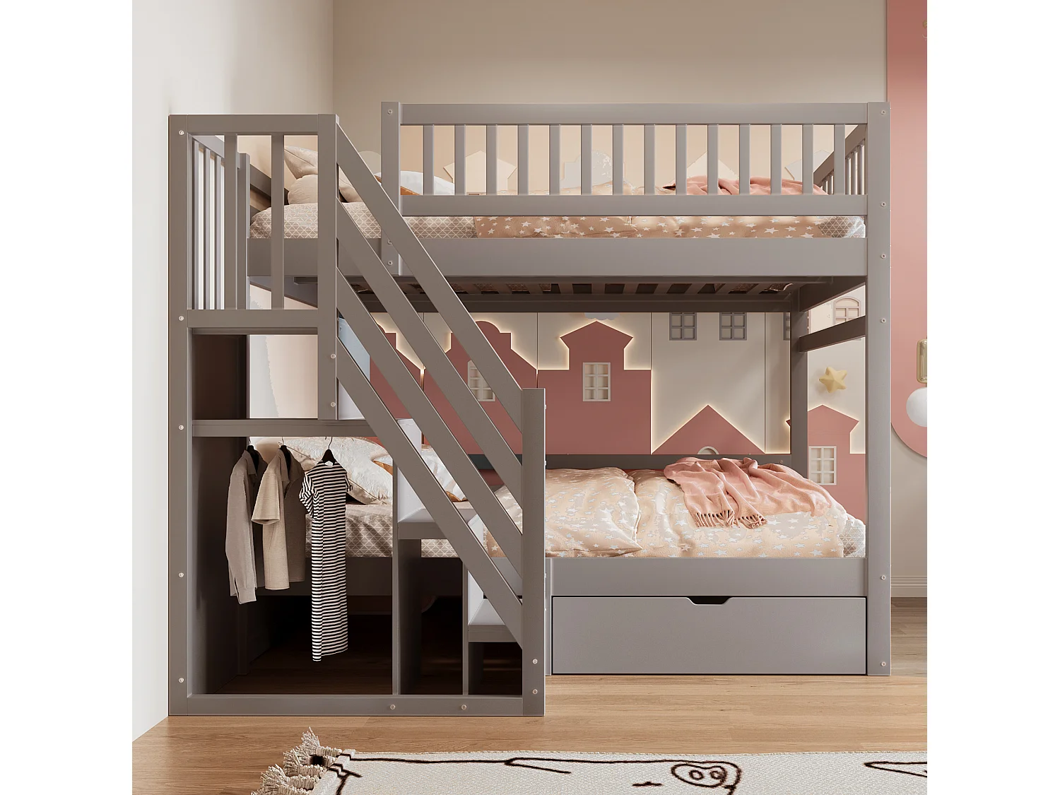 Cama beliche 140x200cm - com escada de segurança - com 1 gaveta - com estrado de ripas - cinza (sem colchão)