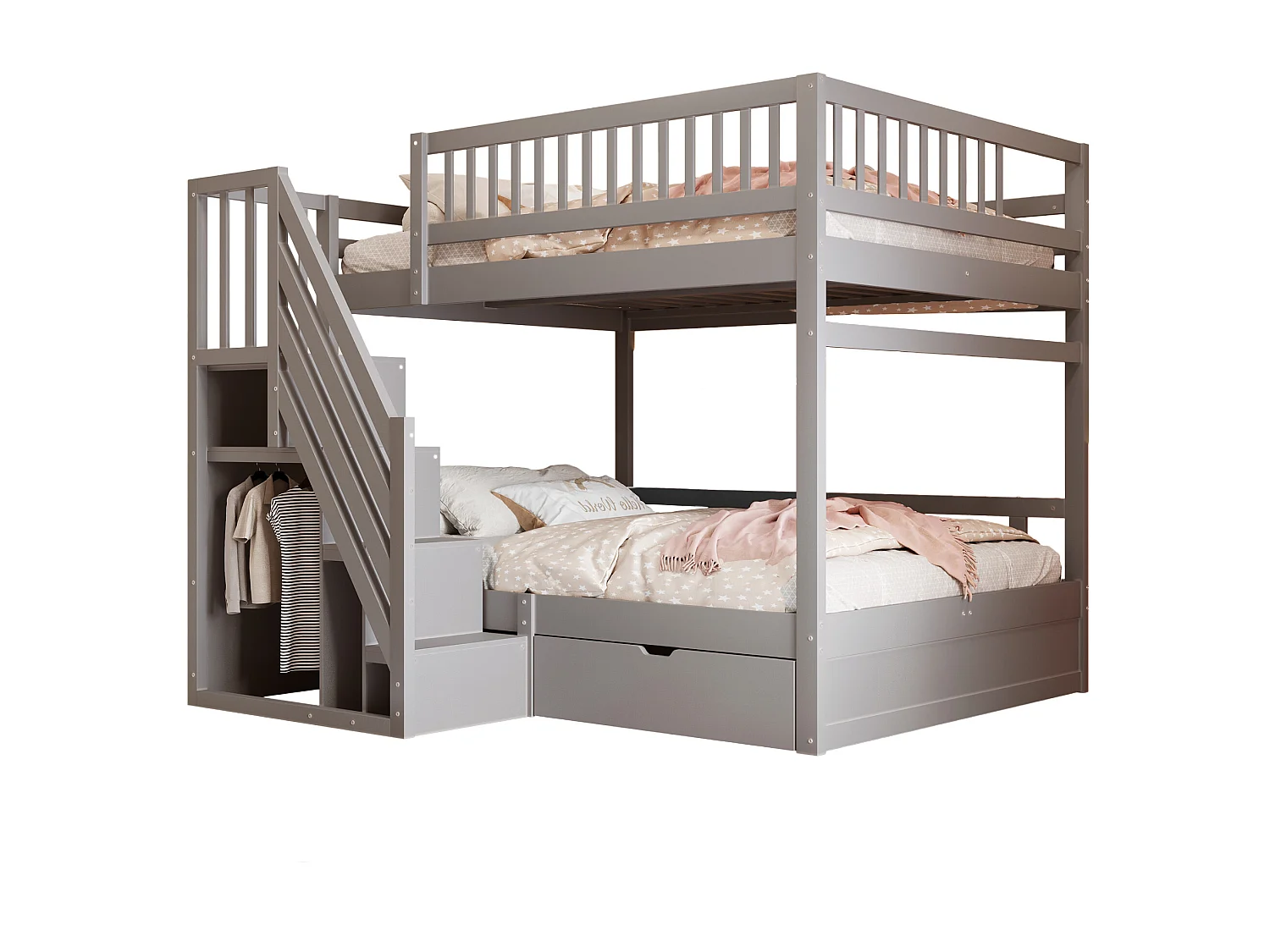 Cama beliche 140x200cm - com escada de segurança - com 1 gaveta - com estrado de ripas - cinza (sem colchão)