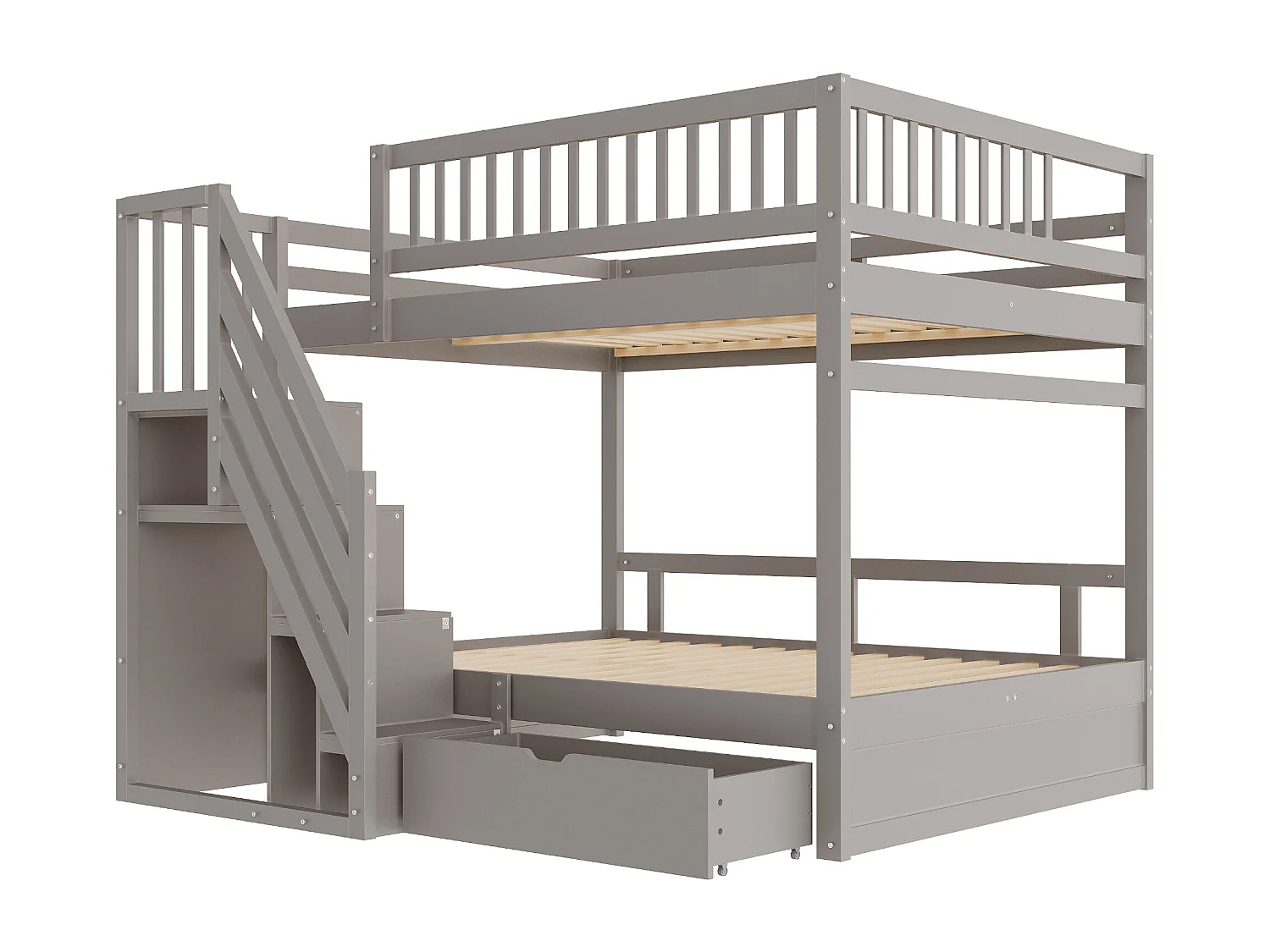 Cama beliche 140x200cm - com escada de segurança - com 1 gaveta - com estrado de ripas - cinza (sem colchão)